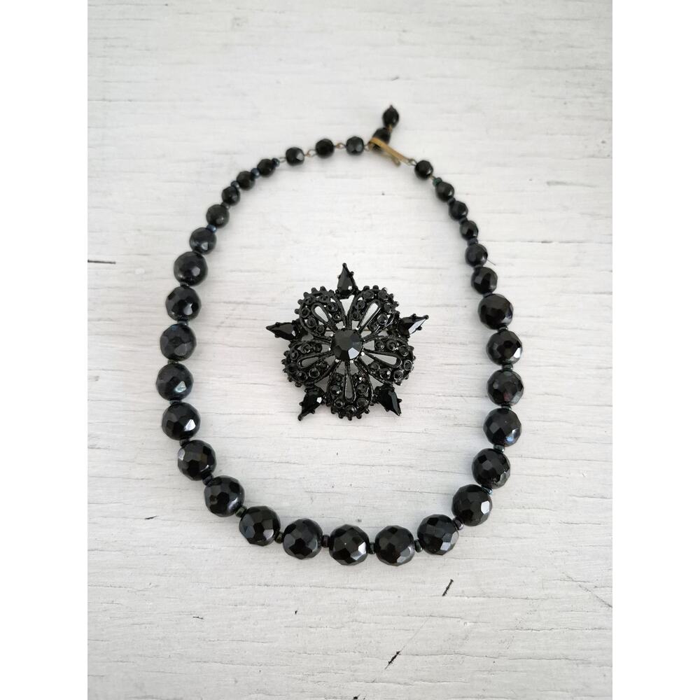 Vintage West Germany Jet Black Beaded Choker Necklace and Brooch